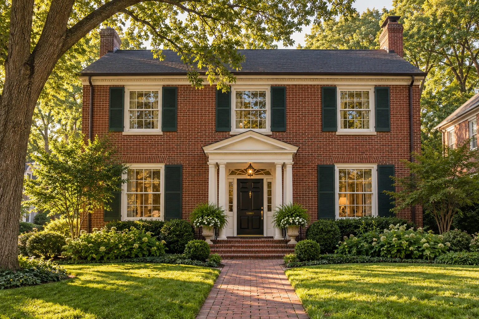 Illustrative brick Colonial home with a traditional front entry and mature trees