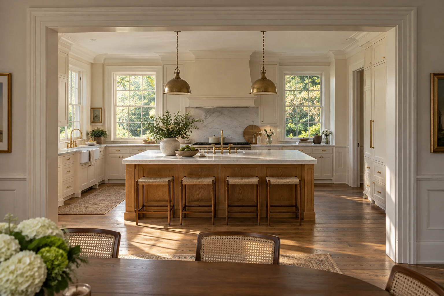 Illustrative Colonial-inspired kitchen with oak cabinetry and traditional architectural details